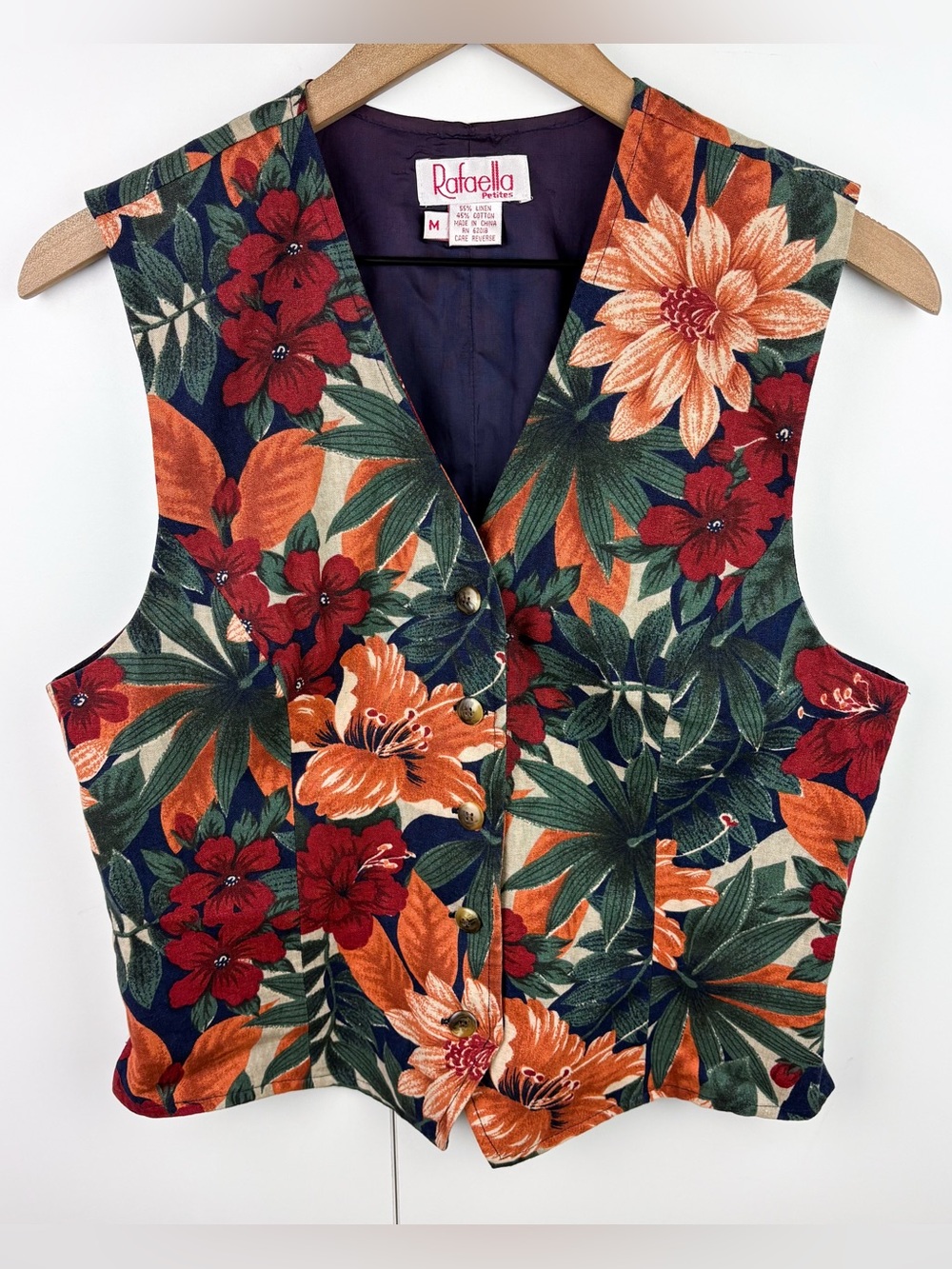 Vintage Linen Cotton Floral Autumn Cottagecore Button Vest Red Orange Green